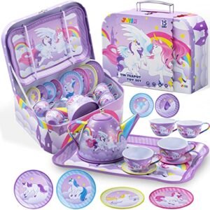 JOYIN Unicorn Tea Party Set for Little Girls. Pretend Purple Tin Teapot Set. Princess Tea Time Play Kitchen Toy with Teapot. Cup. Plate. Carrying Case for Birthday Easter Gift Kids Toddler Age 3 4 5 6
